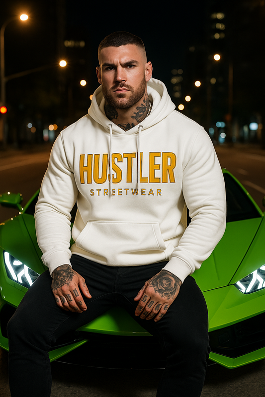 Hustler Streetwear Gold Logo Hoodie – White Edition
