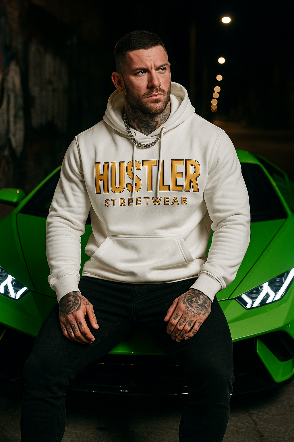 Hustler Streetwear Gold Logo Hoodie – White Edition