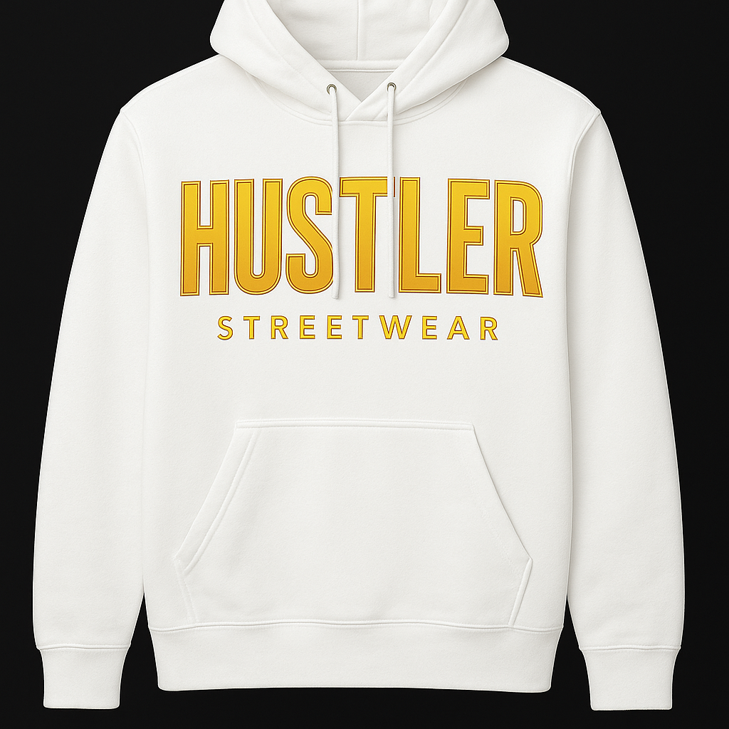 Hustler Streetwear Gold Logo Hoodie – White Edition