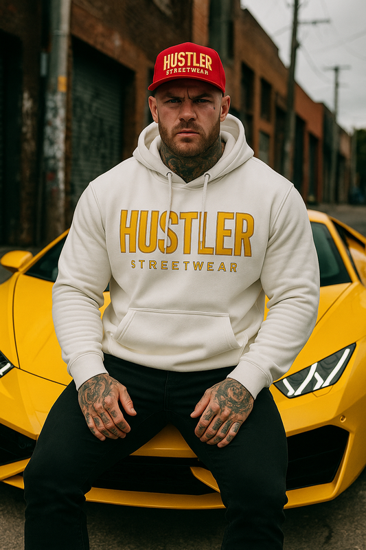 Hustler Streetwear Gold Logo Hoodie – White Edition